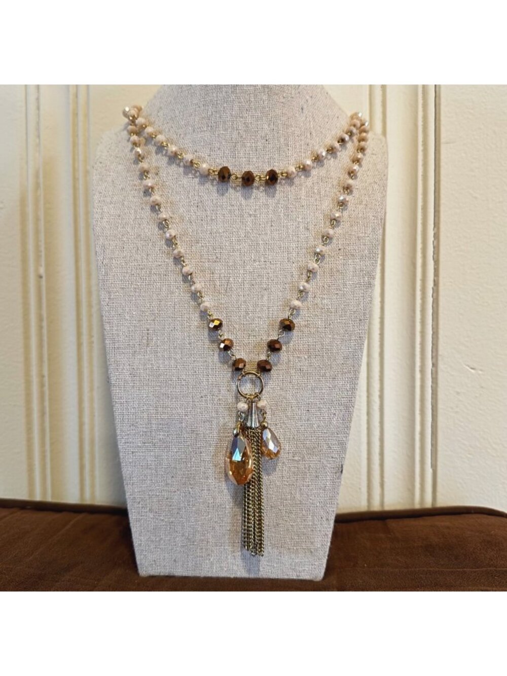 Peach Pink Glass Multi-Layered Beaded Tassel Pendant Lariat Necklace 30" L